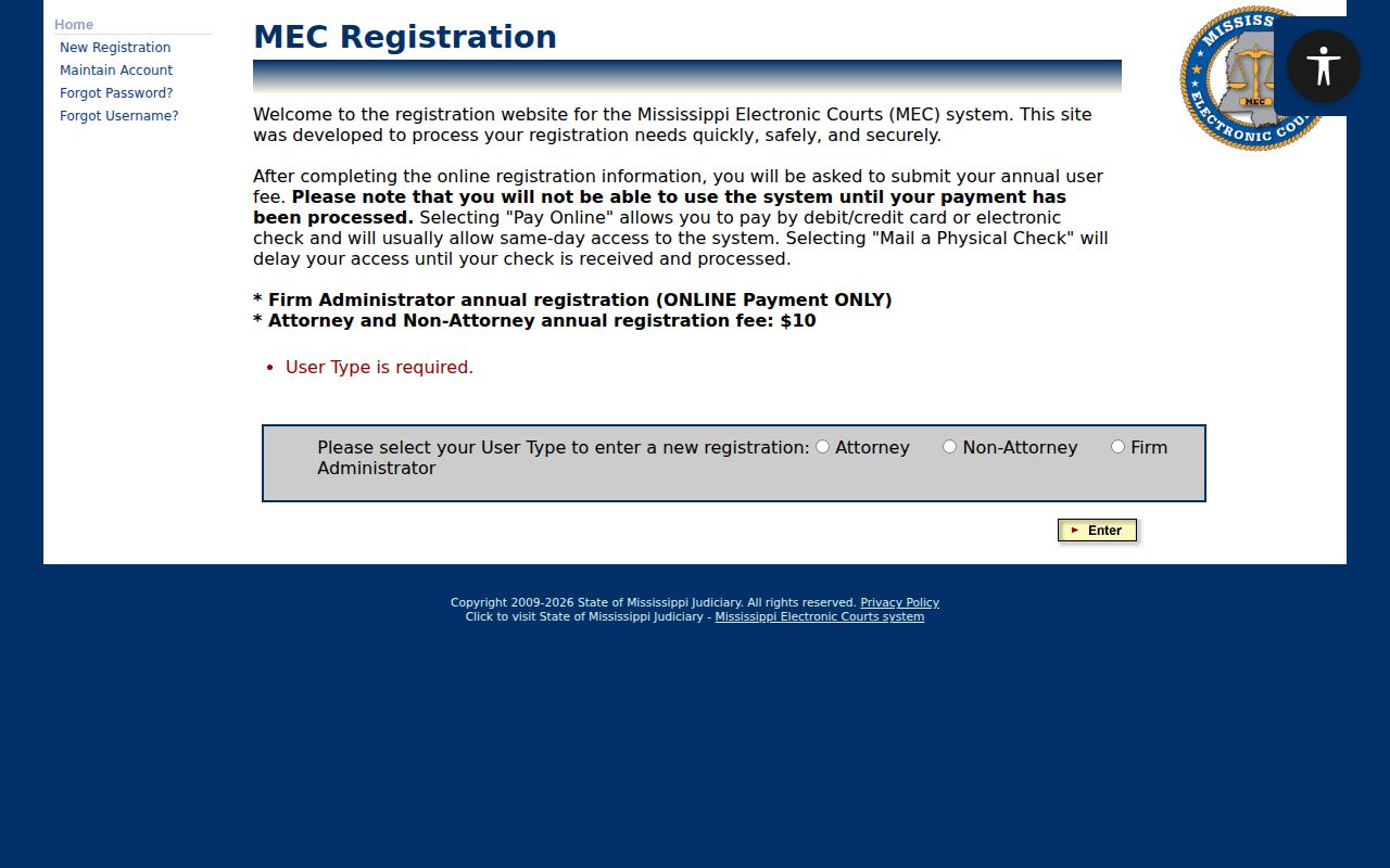 PAMEC public registration page for Perry County court records