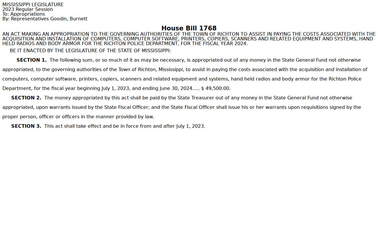 Mississippi legislative material concerning Richton Police equipment support